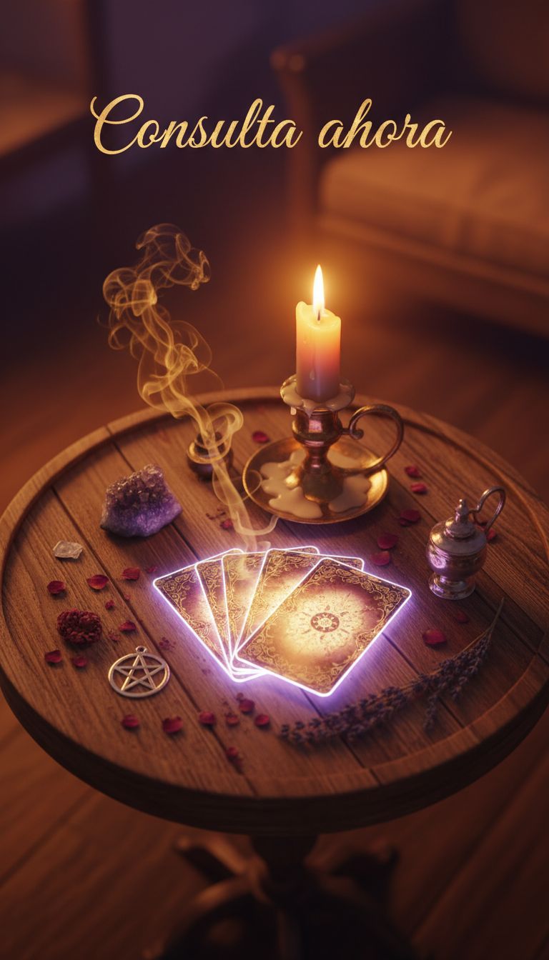 Consulta de Tarot - Mesa con cartas, velas e incienso